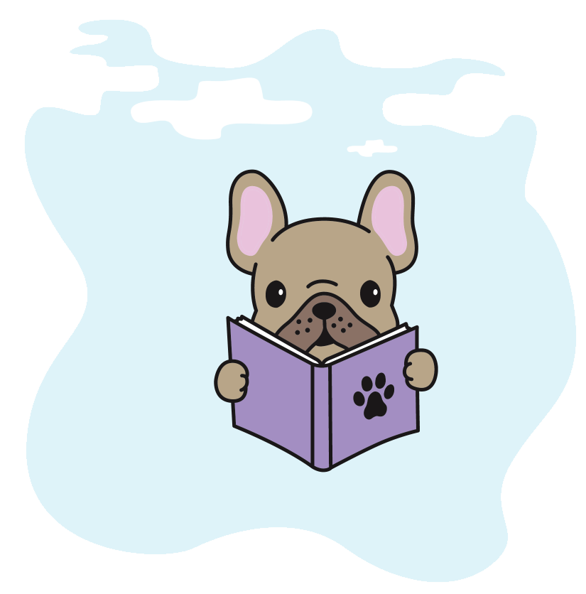 Cartoon puppy reading a book.