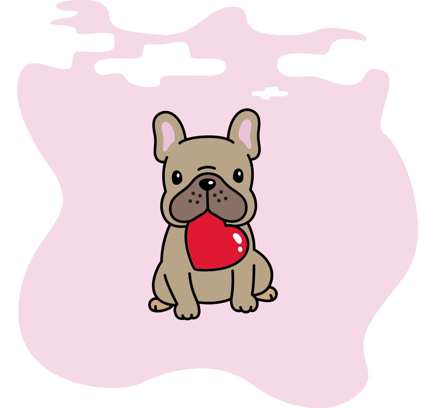 A cartoon puppy holding a heart in its mouth.