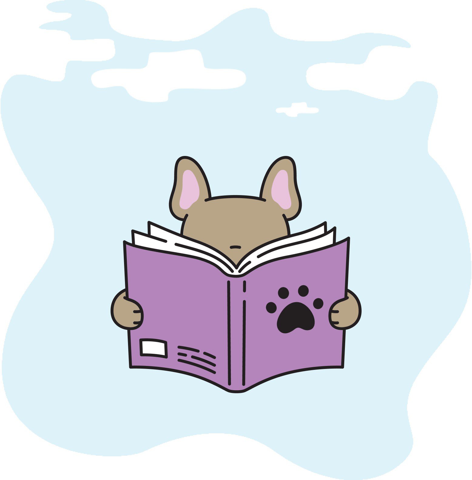 A cartoon puppy reading a book.